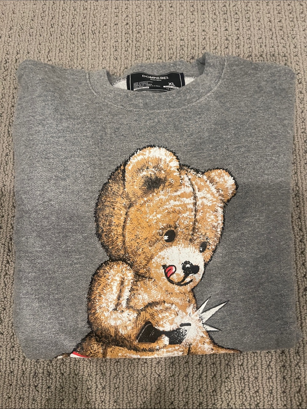 Gray Crewneck Sweater with Teddy Bear Graphic